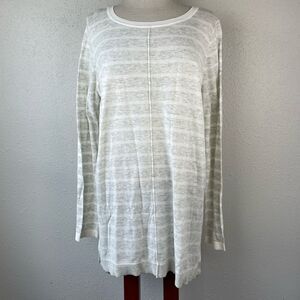 EUC Loft Womens Wool Mix Gray and White Stripped Crew Neck Sweater Size L